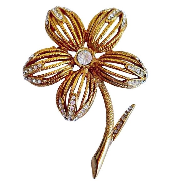Goldtone and Rhinestone Single Flower on Stem Brooch Filigree 3" - Picture 4 of 5